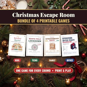 Może przedstawiać: Zestaw 4 gier świątecznych do druku typu escape room z tytułami Reindeer Rescue, North Pole Lockdown, The Great Gingerbread Heist oraz Operation Office Party, z etykietami dla dzieci, nastolatków, rodzin i biur.