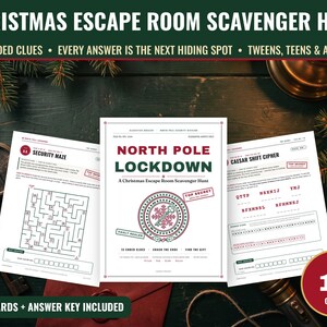 Christmas Escape Room Scavenger Hunt for Teens | 15 Coded Clues Treasure Hunt for Tweens & Adults | Hint Cards + Answer Key Printable