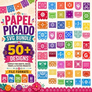 Puede incluir: Un gráfico digital con el texto PAPEL PICADO SVG BUNDLE 50+ DESIGNS, que muestra una colección de más de cincuenta diseños de papel picado cuadrados, coloridos y complejos, con patrones de flores, cactus y letras.