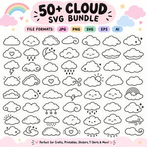 Op de afbeelding: Een digitale collectie getiteld 50+ CLOUD SVG BUNDLE met diverse zwart-wit lijntekeningen van wolken. De set bevat verschillende weerpatronen, lachende gezichten, hartjes, sterren, regen, bliksem en regenbogen in JPG, PNG, SVG, EPS en AI-bestandsformaten.