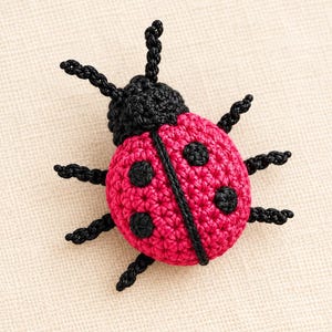 May include: A handcrafted crochet ladybug featuring a vibrant pink body with black spots and a black head. The insect has six black crocheted legs and two antennae extending from the head, all worked in a textured yarn stitch pattern.