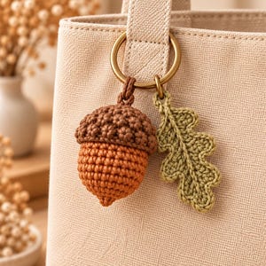 Acorn Keychain Crochet Pattern PDF, Oak Leaf Woodland Bag Charm