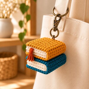 Crochet Book Stack Keychain Pattern, Miniature Charm, Mustard Teal