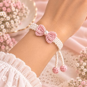 Crochet Bow Bracelet Pattern PDF, Adjustable Pearl Tie Bracelet