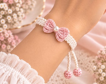 Crochet Bow Bracelet Pattern PDF, Adjustable Pearl Tie Bracelet