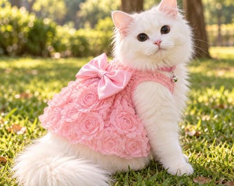 Pink Floral Pet Dress with Satin Bow, Small Dog Cat Outfit (Party Photo)