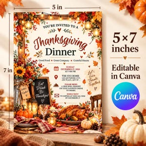 May include: A 5 by 7 inch Thanksgiving dinner invitation card featuring autumn leaves, string lights, a roasted turkey, and pumpkins. The text reads: You're invited to a Thanksgiving Dinner, Good Food, Great Company, Grateful Hearts, Sunday December 27, 2026 at 7:00 PM, The XYZ Home, Please bring a side dish, dessert or your favorite drink to share, Kindly RSVP to Sophia at (333) 444-5550 by December 17.