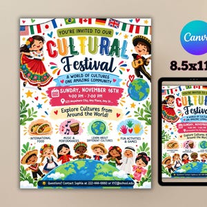 Pode incluir: Um modelo de folheto digital para um festival cultural medindo 8,5x11 polegadas. O design apresenta ilustrações coloridas de crianças com roupas tradicionais, bandeiras internacionais, um globo e texto com detalhes do evento.
