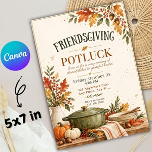 May include: A 5x7 inch Friendsgiving potluck invitation card featuring watercolour illustrations of autumn leaves, acorns, pumpkins, a green Dutch oven, and a stack of plates. The text reads Friendsgiving Potluck, Friday October 25, 4:00 PM.