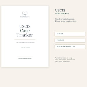 Può includere: Un documento bianco USCIS Case Tracker con testo nero, che presenta il logo Paper Passage, il titolo USCIS Case Tracker e le frasi Track What Changed - Know Your Next Action, Track Act Preserve e Tools for the Prepared Applicant.