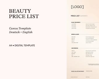 Plantilla de Canva para lista de precios de belleza | Descarga digital | Formato A4 editable | Alemán e inglés | Salón de belleza, uñas, pestañas, cejas