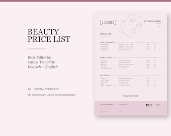 Beauty Preisliste Canva Vorlage A4 | Rose Editorial | Deutsch & Englisch | Elegante Kosmetikstudio Preisliste