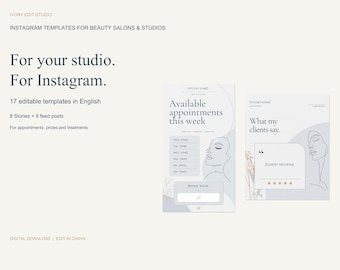 Beauty Salon Instagram Templates | 17 Editable Canva Templates in English | 8 Stories and 9 Posts for Nails, Lashes and Hair