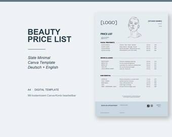 Beauty Preisliste Canva Vorlage A4 | Slate Minimal | Deutsch & Englisch | Editierbare Kosmetikstudio Preisliste