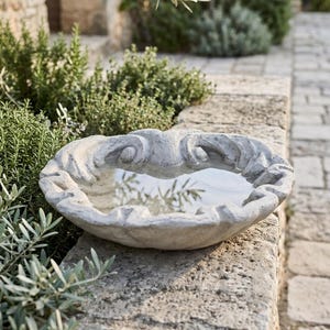 Può includere: Una vaschetta per uccelli circolare e poco profonda in pietra, con una finitura testurizzata grigio chiaro e un bordo decorativo smerlato con dettagli intagliati a forma di voluta. La vasca è piena d'acqua limpida che riflette il fogliame e il cielo.