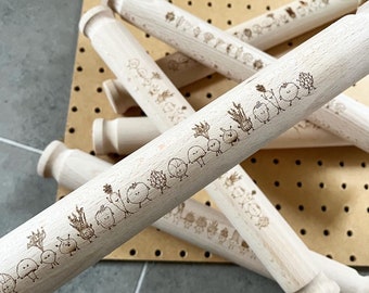 SECONDS Furious Vegetable Army Rolling Pin - handdrawn illustrations laser etched onto a rolling pin. Vegetable design.