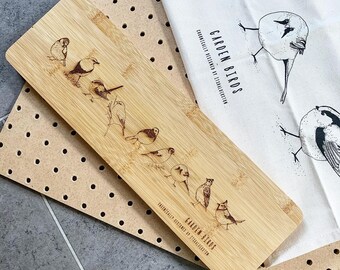 Garden Birds Long Chopping Board - handdrawn illustrations laser etched onto bamboo board. Serving platter Bird design.