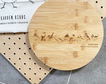 Garden Birds Round Chopping Board - handdrawn illustrations laser etched onto bamboo board. Serving platter Bird design.