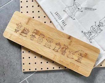 Coffee Pals Long Board - handdrawn illustrations laser etched onto bamboo board. Serving platter design.