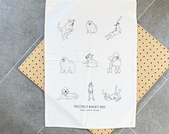 Positively Naughty Dogs - Tea Towel - Screen printed hand drawn illustrations.