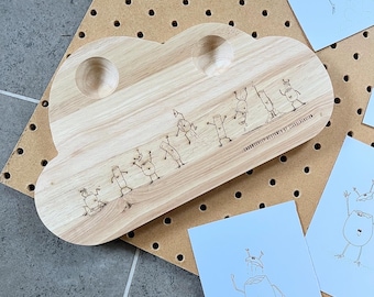 Pesky Boiled Eggs and Soldiers Breakfast Board - handdrawn illustrations laser etched onto bamboo board.