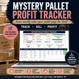 May include: A digital Mystery Pallet Profit Tracker spreadsheet displayed on a laptop screen. The interface includes sections for Pallet Summary, Profit Overview, Break-Even Progress, and a detailed itemized list with columns for date, item description, condition, and financial data.