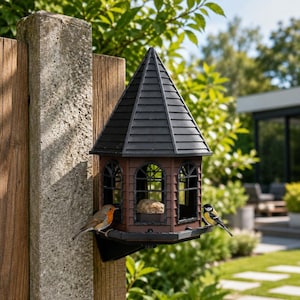 Op de afbeelding: Een bruine en zwarte zeshoekige vogelvoederbak met een puntdak en boogvormige raamkozijnen. De constructie is bevestigd aan een houten paal. Een roodborstje en een koolmees zitten op de randen van de voederbak.