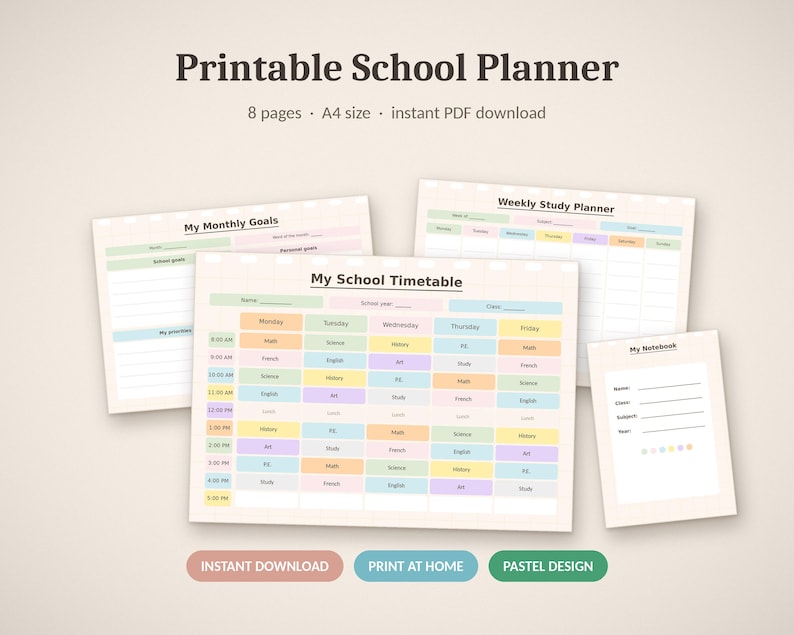 School Timetable Worksheet.pdf School Planner Printable Bundle | Back to School Gift for Students ...