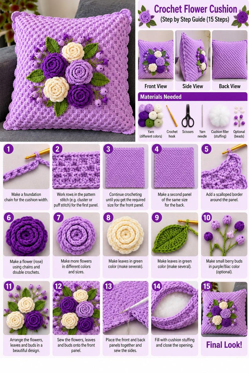 Crochet Flower Pillow PDF Bundle, 4 Rose Cushion Designs Step by Step ...