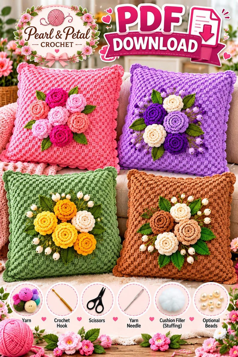 Crochet Flower Pillow PDF Bundle, 4 Rose Cushion Designs Step by Step ...