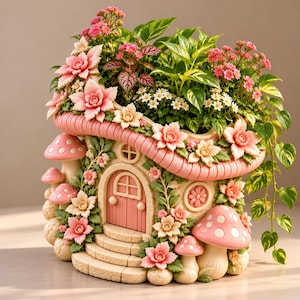 May include: A decorative planter shaped like a cottage with a pink mushroom-style roof, featuring sculpted pink flowers, green leaves, and small mushroom accents. The structure includes a central arched door, stone-like steps, and green foliage.