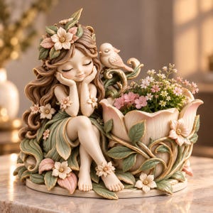 May include: A decorative figurine featuring a serene figure with long brown hair adorned with flowers, resting beside a large, petal-shaped planter. The planter is filled with small pink and white flowers, accented by sculpted green leaves and a small bird.