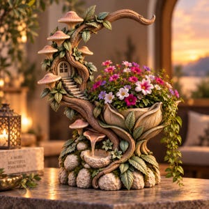 May include: A decorative planter and water fountain featuring a sculpted tree trunk with a small arched door, stairs, and mushrooms. The base is composed of textured stones with a small water basin. The planter holds pink and white flowers.