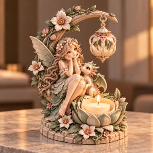 May include: A decorative figurine featuring a fairy with long hair and wings sitting on a crescent moon structure adorned with pink flowers and leaves. A small dragon sits beside the fairy, and a hanging lantern and a lotus-shaped candle holder are included.