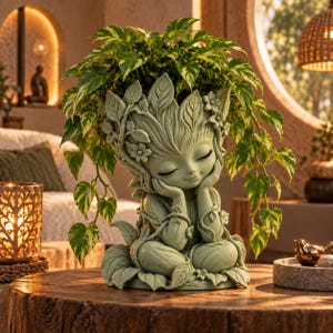 May include: A light green resin planter shaped like a sleeping humanoid figure with closed eyes, resting its chin on its hands. The figure is adorned with sculpted leaves and small flowers, and it holds a trailing pothos plant with variegated green and white leaves.