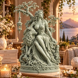May include: A light green monochromatic sculpture depicting a seated figure with long flowing hair adorned with leaves, resting a hand on a large wolf. The figure sits beneath a tree with a hanging lantern, set on a base with a crescent moon symbol.