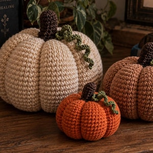 May include: Three crocheted pumpkins in varying sizes and colors. The largest is cream, the medium is muted brown, and the smallest is bright orange. Each pumpkin features a dark brown crocheted stem and a single, spiraled green vine.