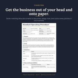 Könnte beinhalten: Eine digitale Dokumentvorlage mit dem Titel Standard Operating Procedure für das Onboarding neuer Kunden. Die Seite enthält eine Kopfzeilentabelle mit SOP-Details, gefolgt von Abschnitten für Purpose, Scope, Definitions und Roles and Responsibilities.