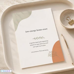 Könnte beinhalten: Eine weiße Karte mit dem Text low-energy home-reset, a gentle cleaning & organizing system for days when you just can't get much done. Less pressure. More well-being. Die Karte zeigt abstrakte Formen in Salbeigrün und Terrakotta.