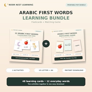 May include: A printable PDF learning bundle titled Arabic First Words Learning Bundle, featuring flashcards and a matching game. The set includes 48 learning cards covering 12 everyday words, with text in Arabic and English, designed for US Letter and A4.