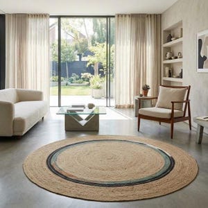 Round Jute Rug Multi Color Concentric Rings Circle Area Carpet Southwestern Coastal Table Rug Woven Straw Floor Mat Custom Size Handwoven