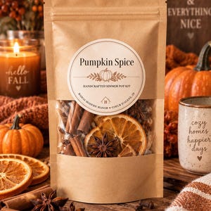 May include: A tan stand-up pouch containing a simmer pot kit with a circular label reading Pumpkin Spice, Handcrafted Simmer Pot Kit, and Mamas Modern Manor Coeur d'Alene, ID. The clear window reveals dried orange slices, cinnamon sticks, and star anise.