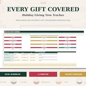 Op de afbeelding: Een digitaal spreadsheet-sjabloon Holiday Giving Tree Tracker met de tekst EVERY GIFT COVERED. De interface toont datacategorieën in rode, gouden en groene vakken, met knoppen voor Excel Workbook, 11-Page PDF en Instant Download.