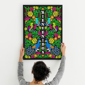 Bienvenidos Welcome Sign in Spanish Mexican Floral Bird Embroidery Inspired Printable Digital Art