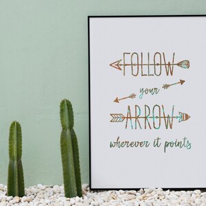 Może przedstawiać: Wydruk w ramie z białym tłem i czarną ramą. Wydruk zawiera motywacyjny cytat z tekstem "FOLLOW your ARROW wherever it points" i stylizowane strzałki w kolorze brązowym i turkusowym.