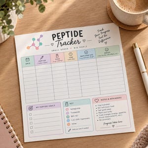Op de afbeelding: Een wit papieren peptide-trackerblad met een kleurrijke moleculaire afbeelding, getiteld Peptide Tracker, met kolommen voor datum, peptide, dosis, tijd, injectieplaats en notities, inclusief een sectie voor doelen, een kleurcode en herinneringen.