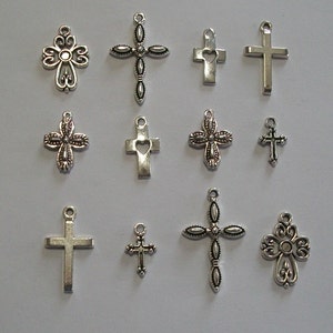 12 piece Antique Silver Cross Charm Collection