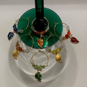 Pretty Set of 6 Gold Plated & Enamel Autumn Leaf Wine Charms