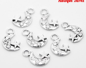 5 pieces Silver Tone Star Moon Charms