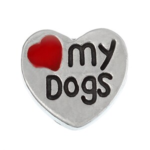 4 Pieces Silver Tone Enamel Red &quot;Love My Dogs&quot; Carved Heart Floating Locket Charms